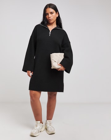 Black Zip Neck Knitted Mini Dress