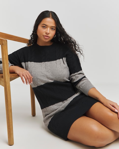 Simply Be - Women's Stripe Cable Knit Dress - Size 24/26 - Grey/black - 56% Polyester 26% Polyamide 18% Acrylic - Grey/Black