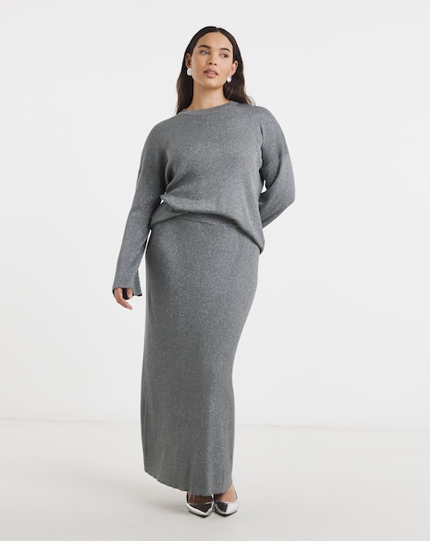 Simply Be - Women's Metallic Rib Knit Midaxi Skirt - Size 8/10 - Gunmetal - 84% Acrylic 11% Polyester 5% Metallic