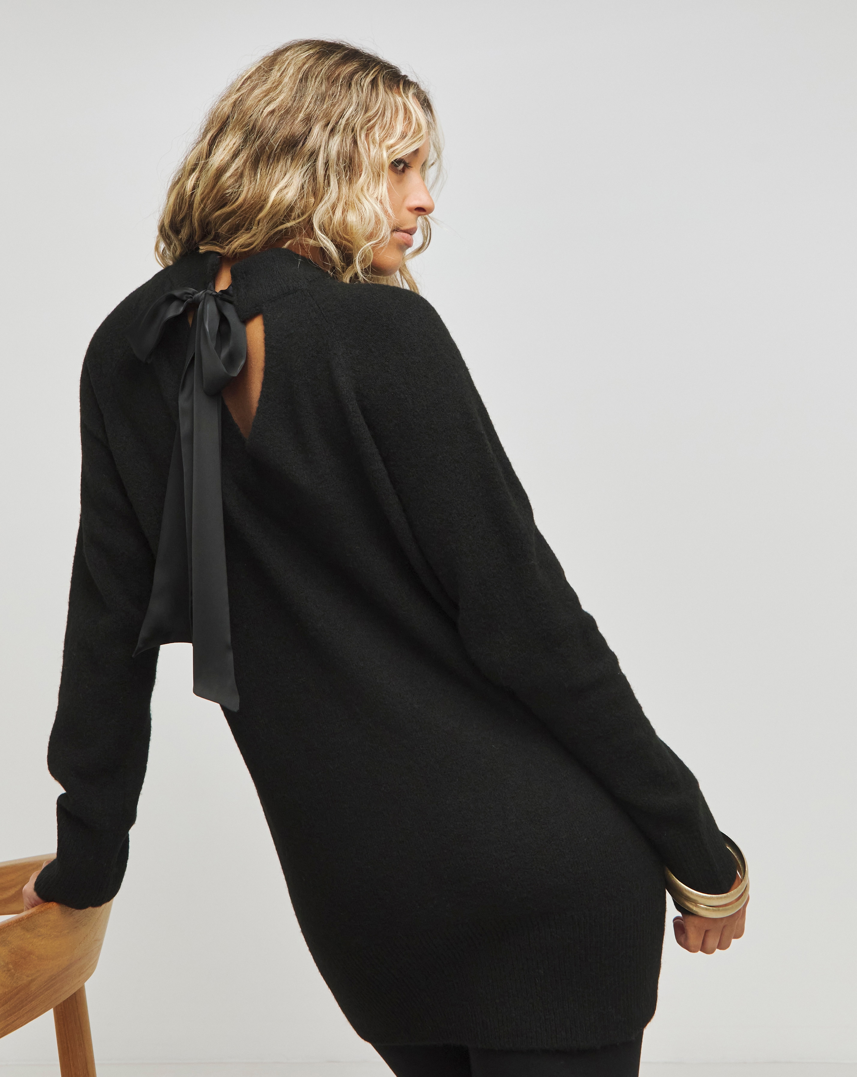 Black Satin Bow Back Longline Jumper