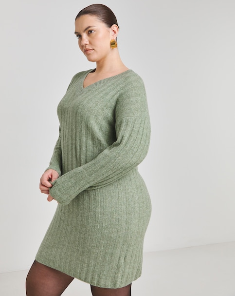 Simply Be - Women's Green Rib Flute Sleeve V Neck Mini Dress - Size 8/10 - Sage - 55% Recycled Polyester 37% Polyester 5% Wool 3% Elastane