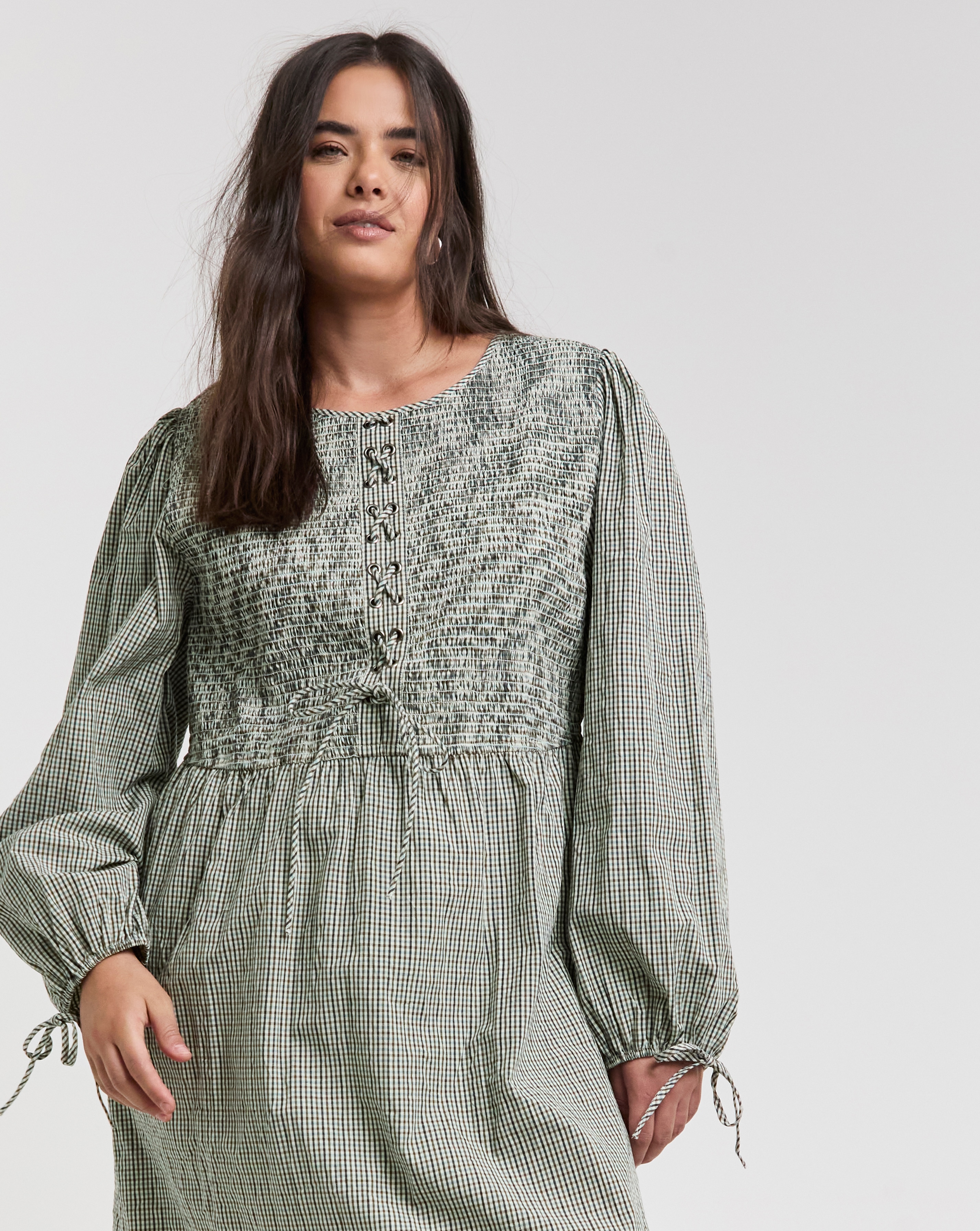 Native Youth Shirred Check Midi Dress