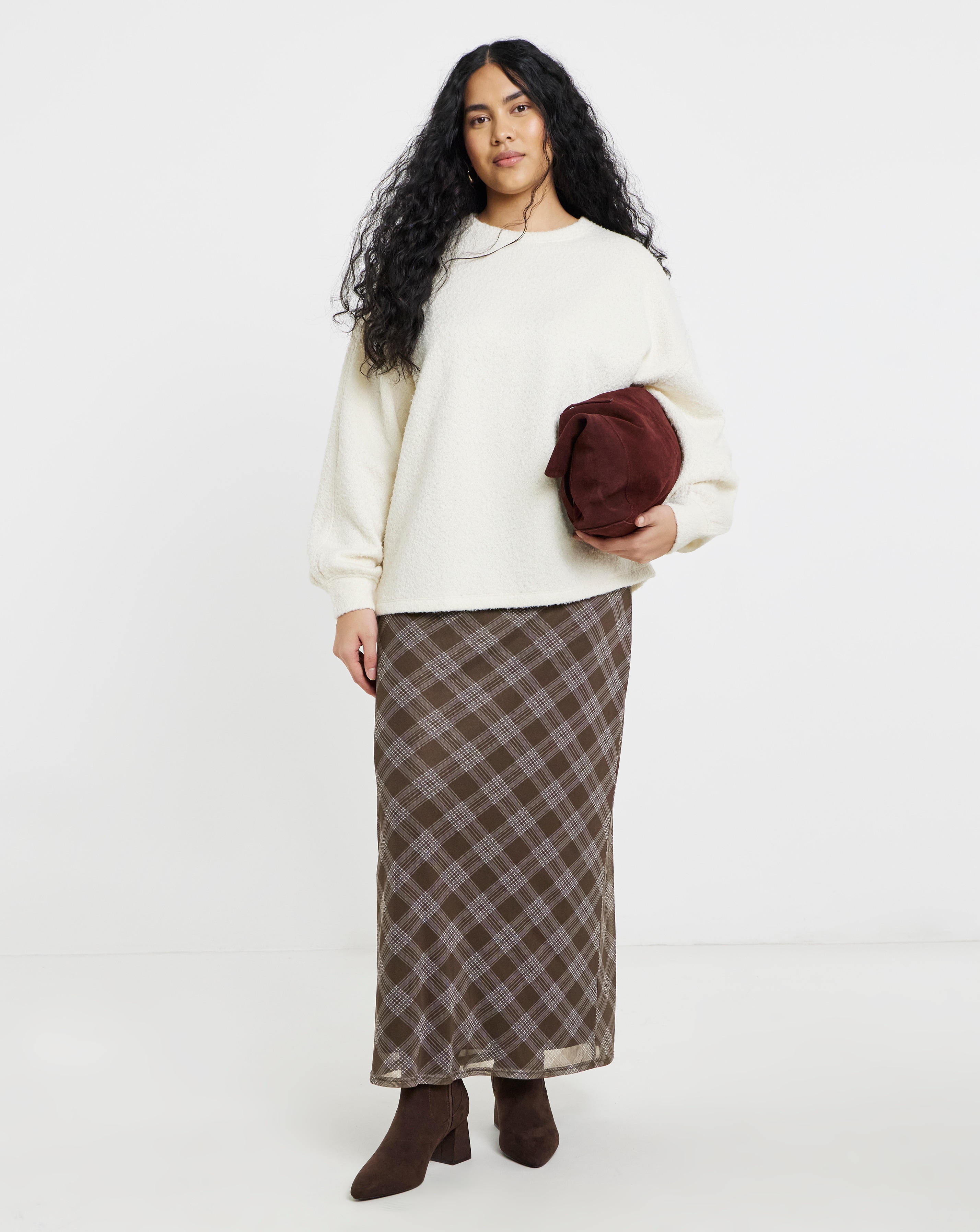 Chocolate Check Mesh Midaxi Skirt