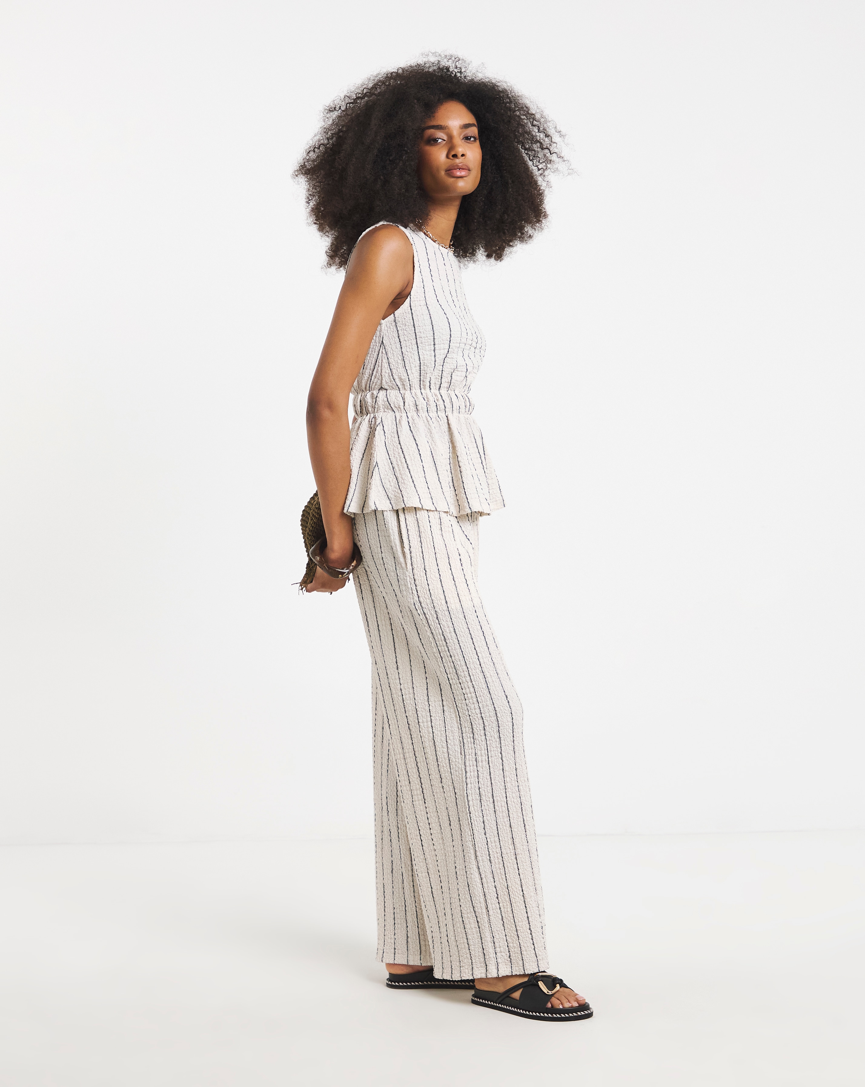 New In - Ivory Stripe Waffle Wide Leg Trouser