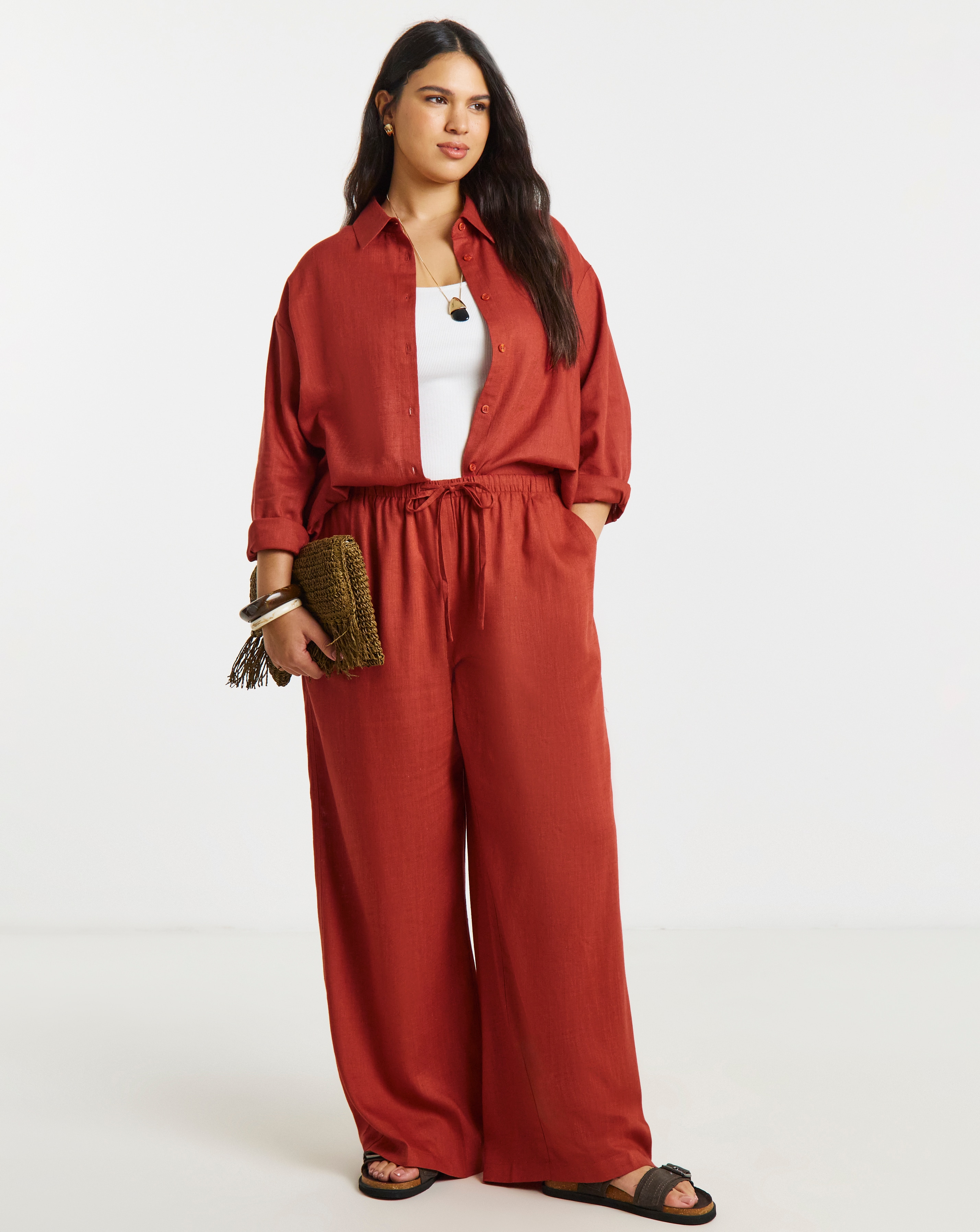 New In - Rust Tie Waist Linen Wide Leg Trousers
