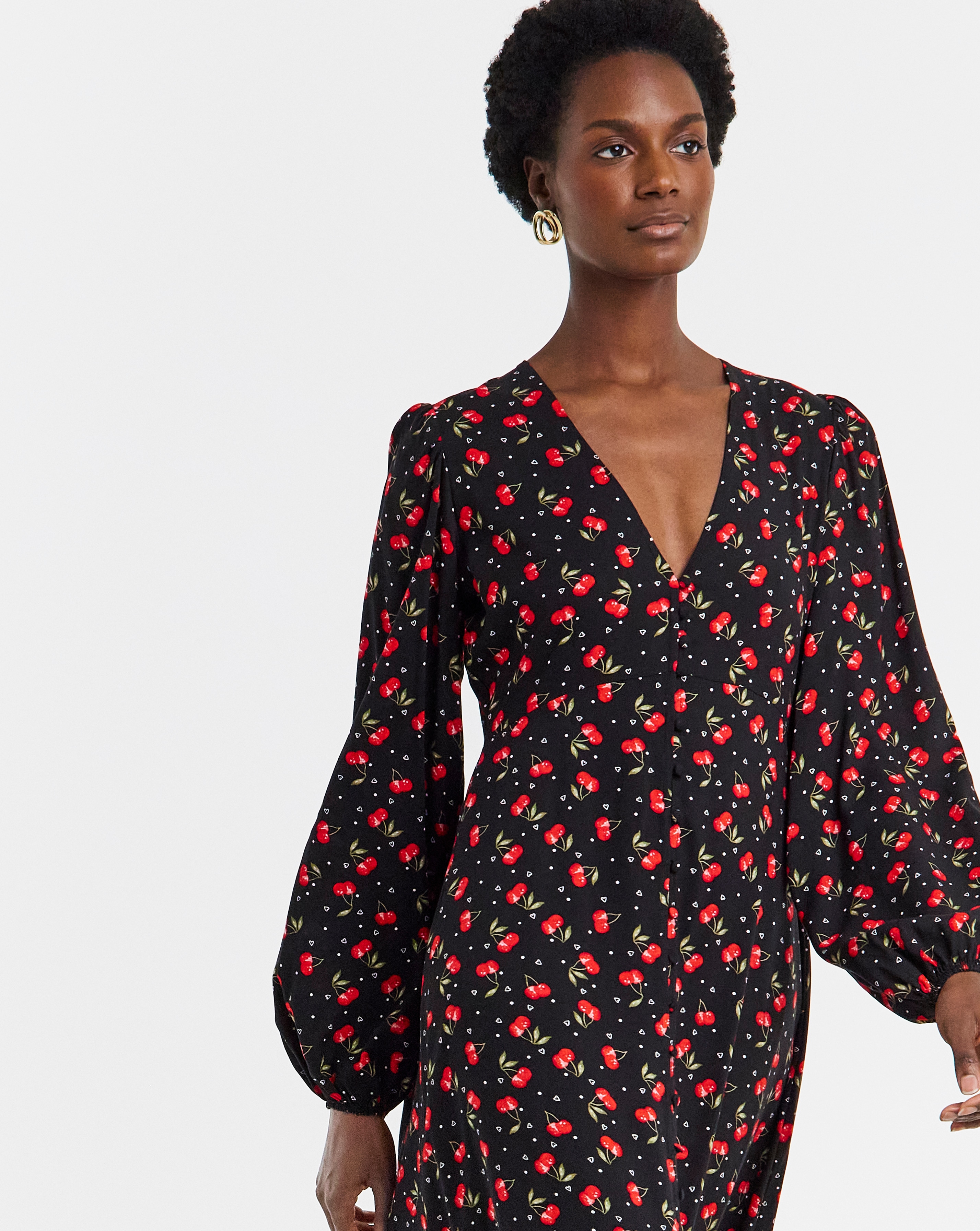New In - Cherry Print Button Through Tea Dress