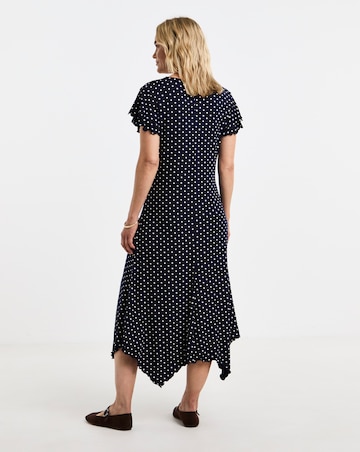 Flutter Sleeve Navy Spot Hanky Hem Midi Dress