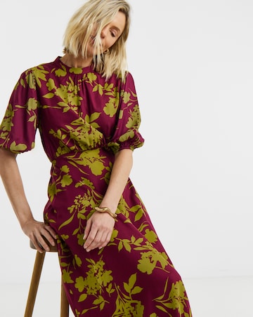Burgundy Floral Print High Neck Puff Sleeve Tea Dress