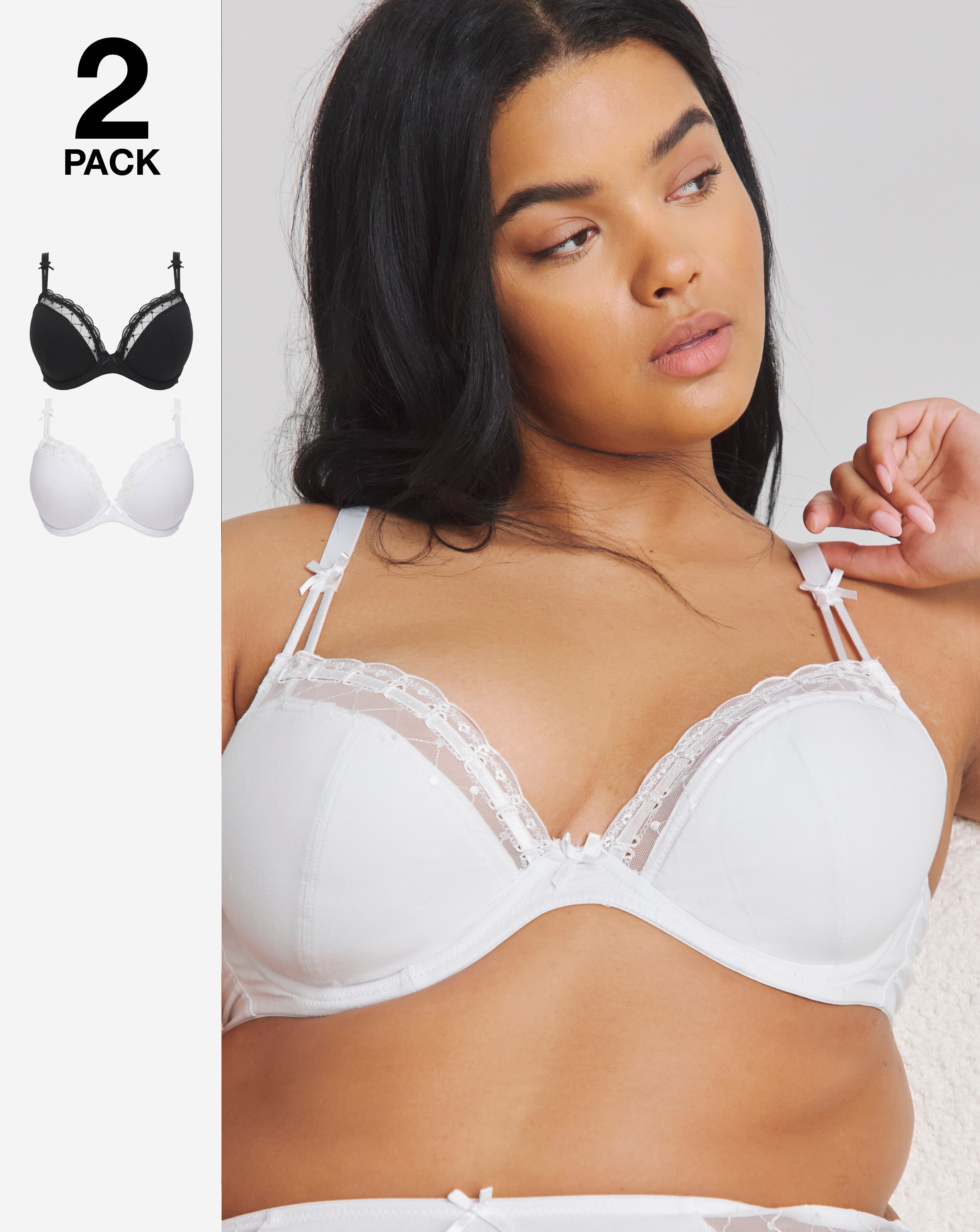 Pretty Secrets 2 Pack Rachel Everyday Embroidery Plunge In Black/white | UK Size 38B Women's