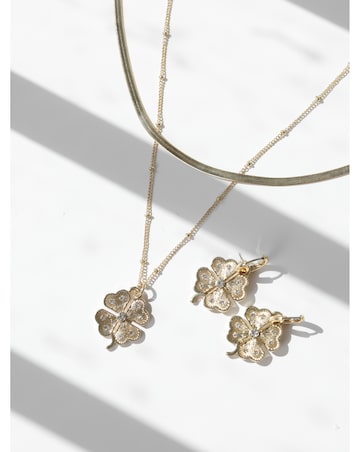 Mood Gold Polished & Crystal Clover Double Row Pendant