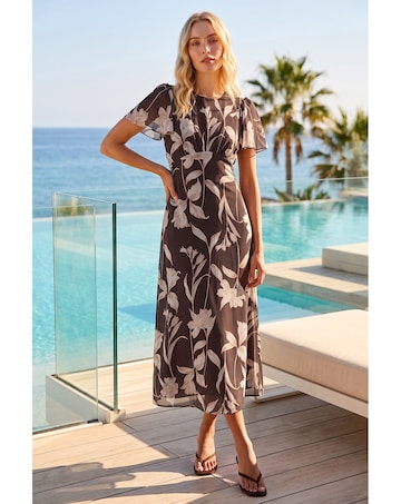 Roman Floral Flutter Sleeve Midi Dress