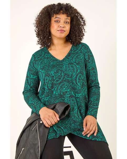Roman Curve Paisley V-Neck Stretch Top