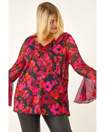 Roman Curve Floral Ruffle Mesh Top