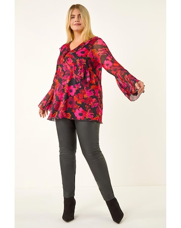 Roman Curve Floral Ruffle Mesh Top