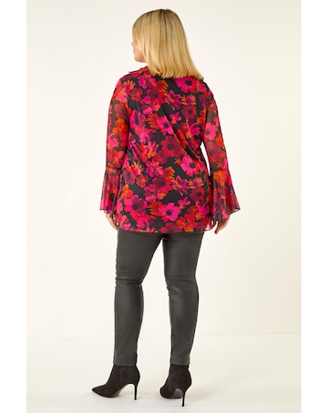 Roman Curve Floral Ruffle Mesh Top