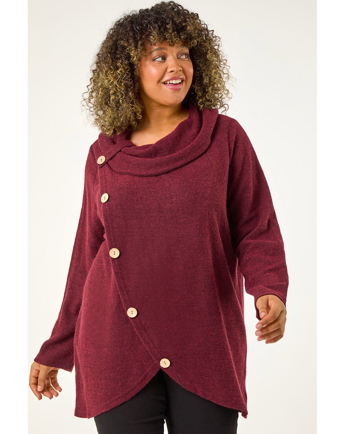 Roman Curve Cowl Neck Button Wrap Top
