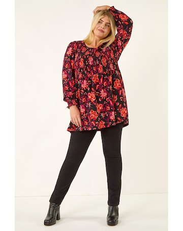 Roman Curve Floral Print Stretch Top