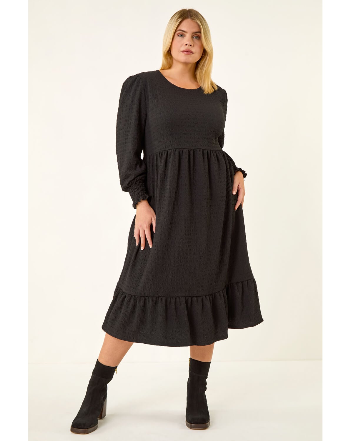 Roman Curve Gathered Stretch Midi Dress