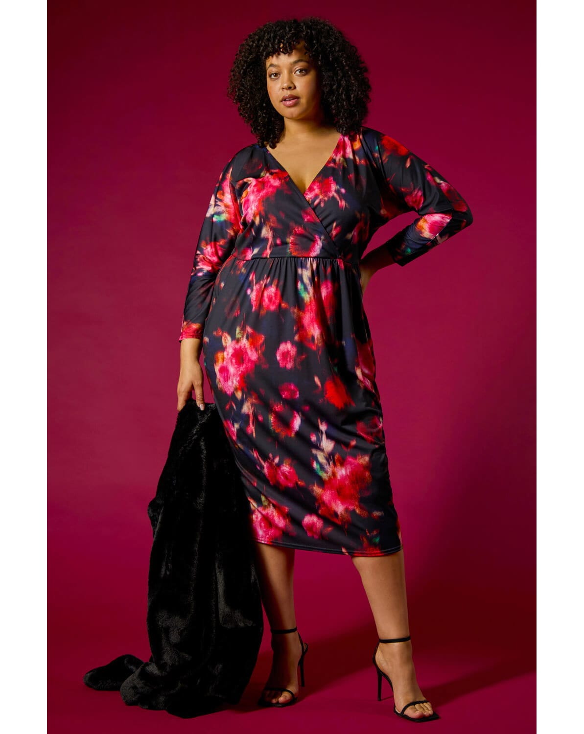 Roman Curve Floral Print Mesh Midi Dress