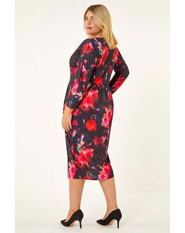 Roman Curve Floral Print Mesh Midi Dress