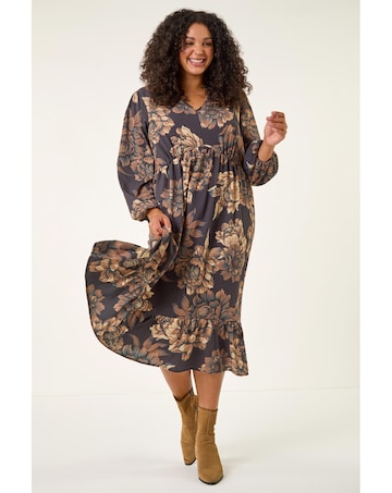 Roman Curve Floral Print Midi Dress