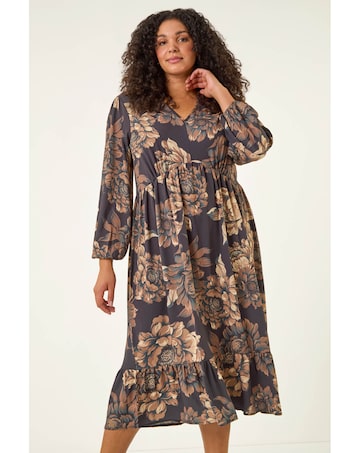 Roman Curve Floral Print Midi Dress