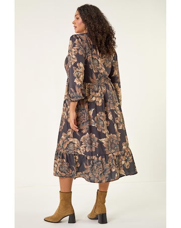 Roman Curve Floral Print Midi Dress