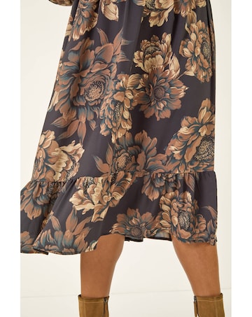 Roman Curve Floral Print Midi Dress