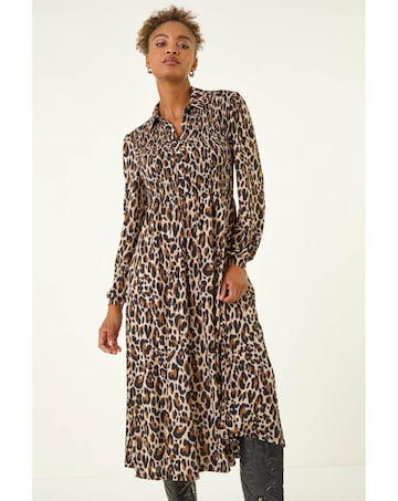 Roman Animal Print Shirred Midi Dress