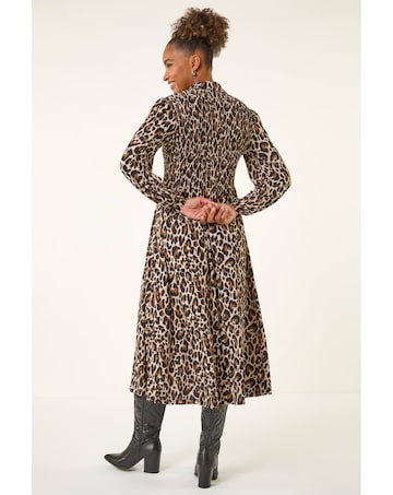 Roman Animal Print Shirred Midi Dress