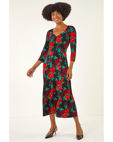 Roman Rose Ruched Midi Dress