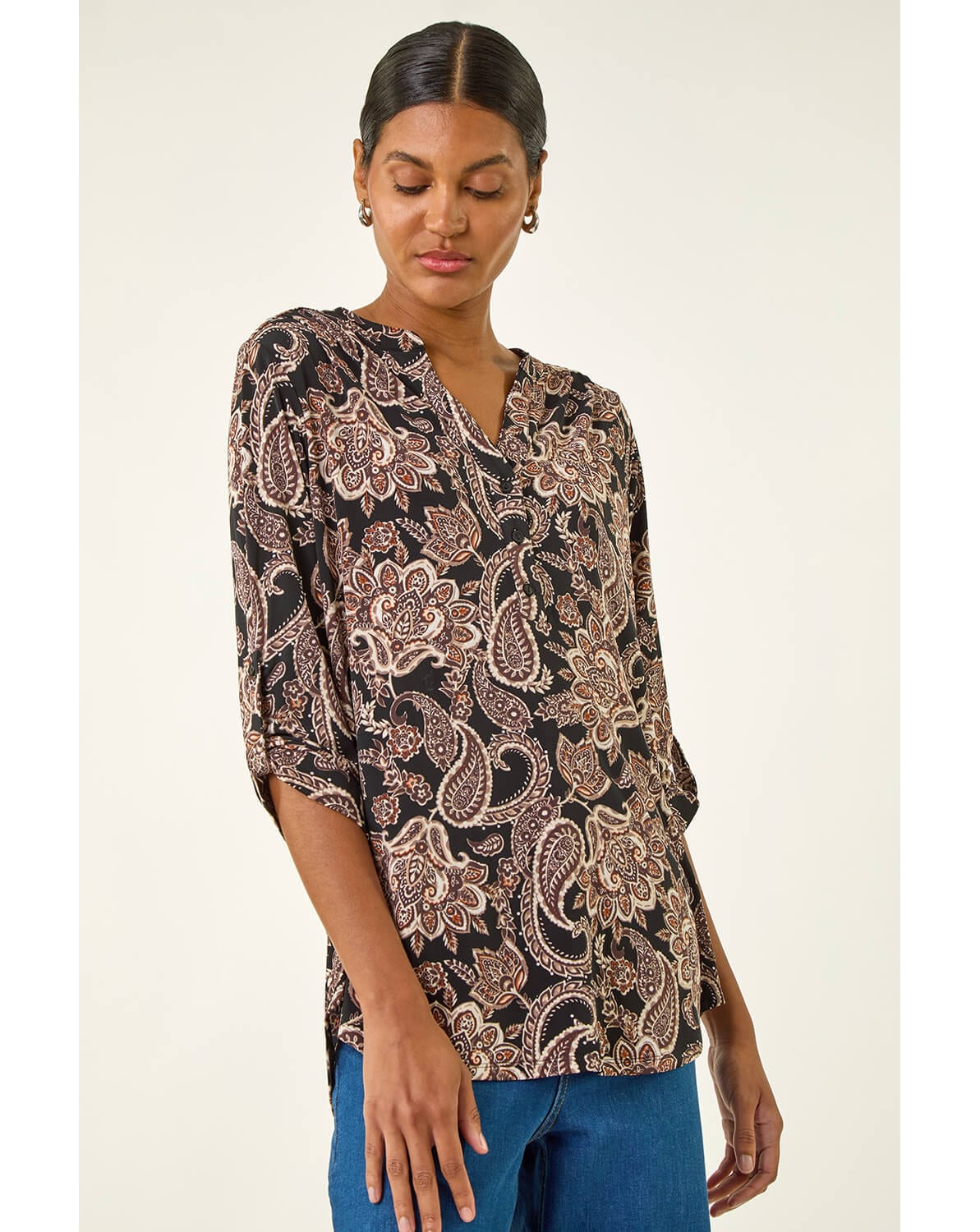 Roman Paisley Print V-Neck Stretch Shirt