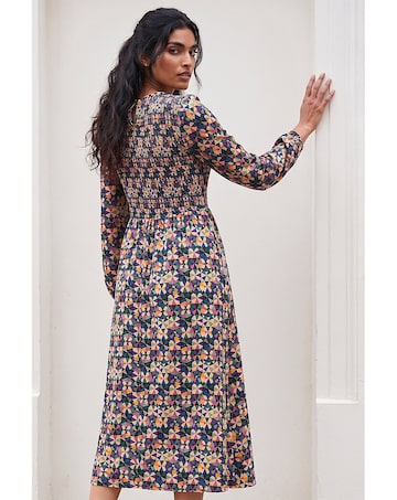 Roman Geometric Print Shirred Midi Dress