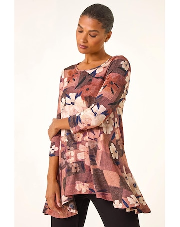 Roman Floral Print Hanky Hem Stretch Top