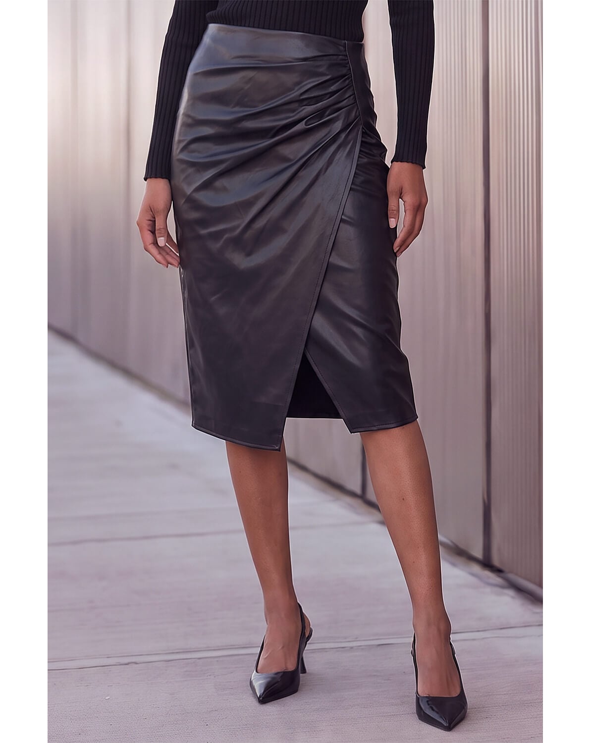 Roman Faux Leather Ruched Wrap Skirt