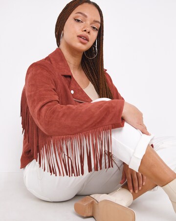 Rust Fringed Suedette Biker Jacket | Simply Be
