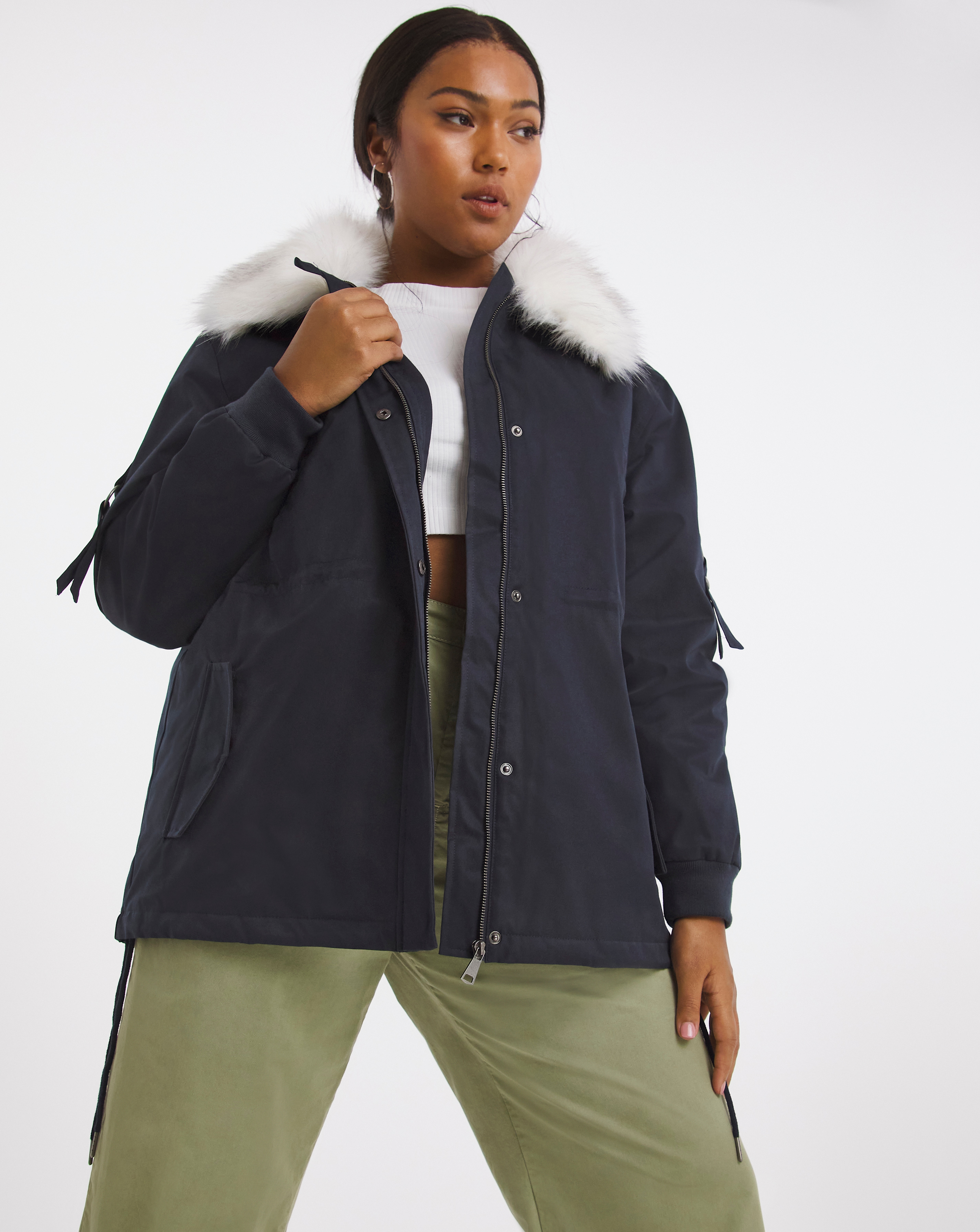 Navy Colour Contrast Fur Short Parka | Simply Be