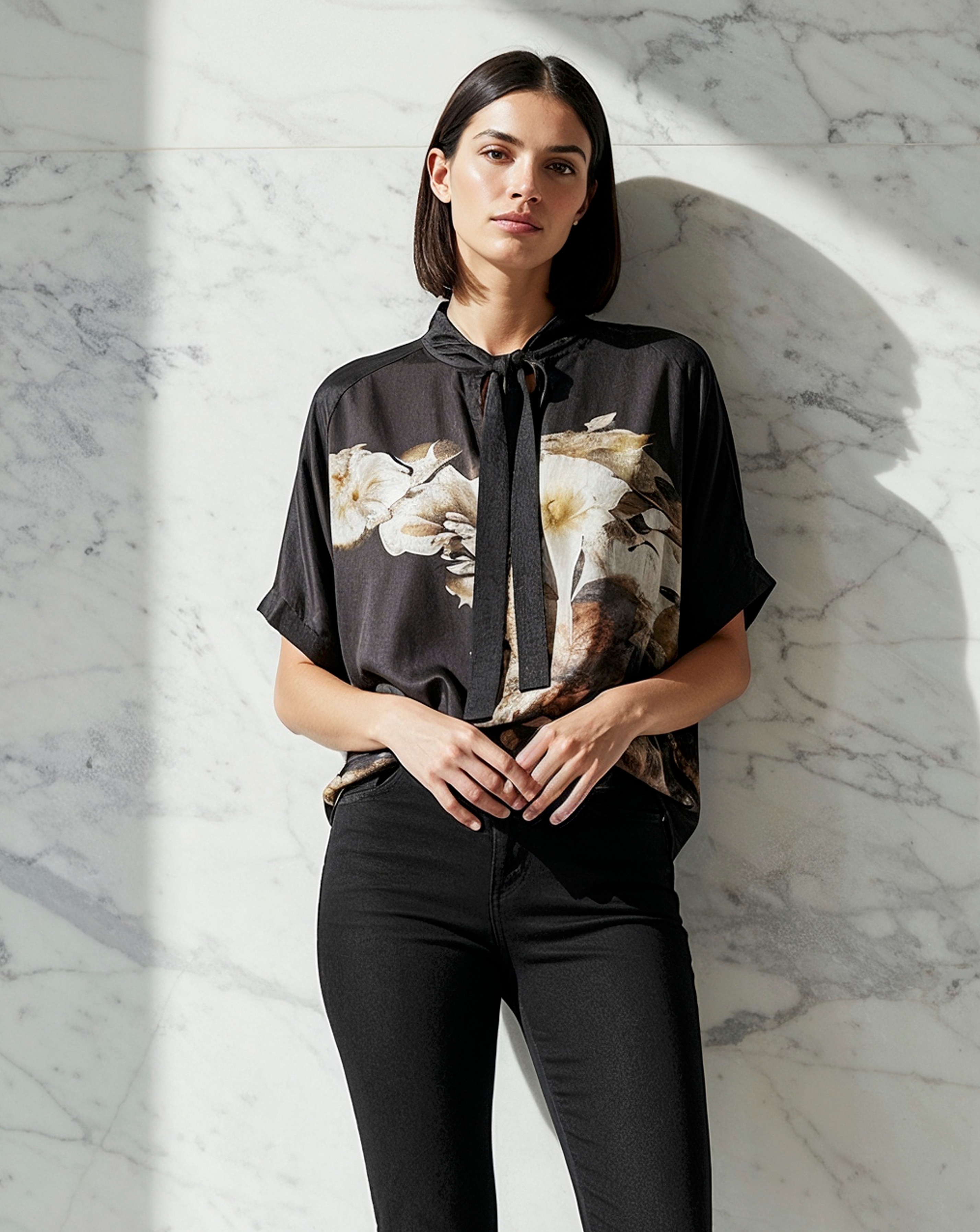 Religion Tie Neck Floral Graphic Blouse