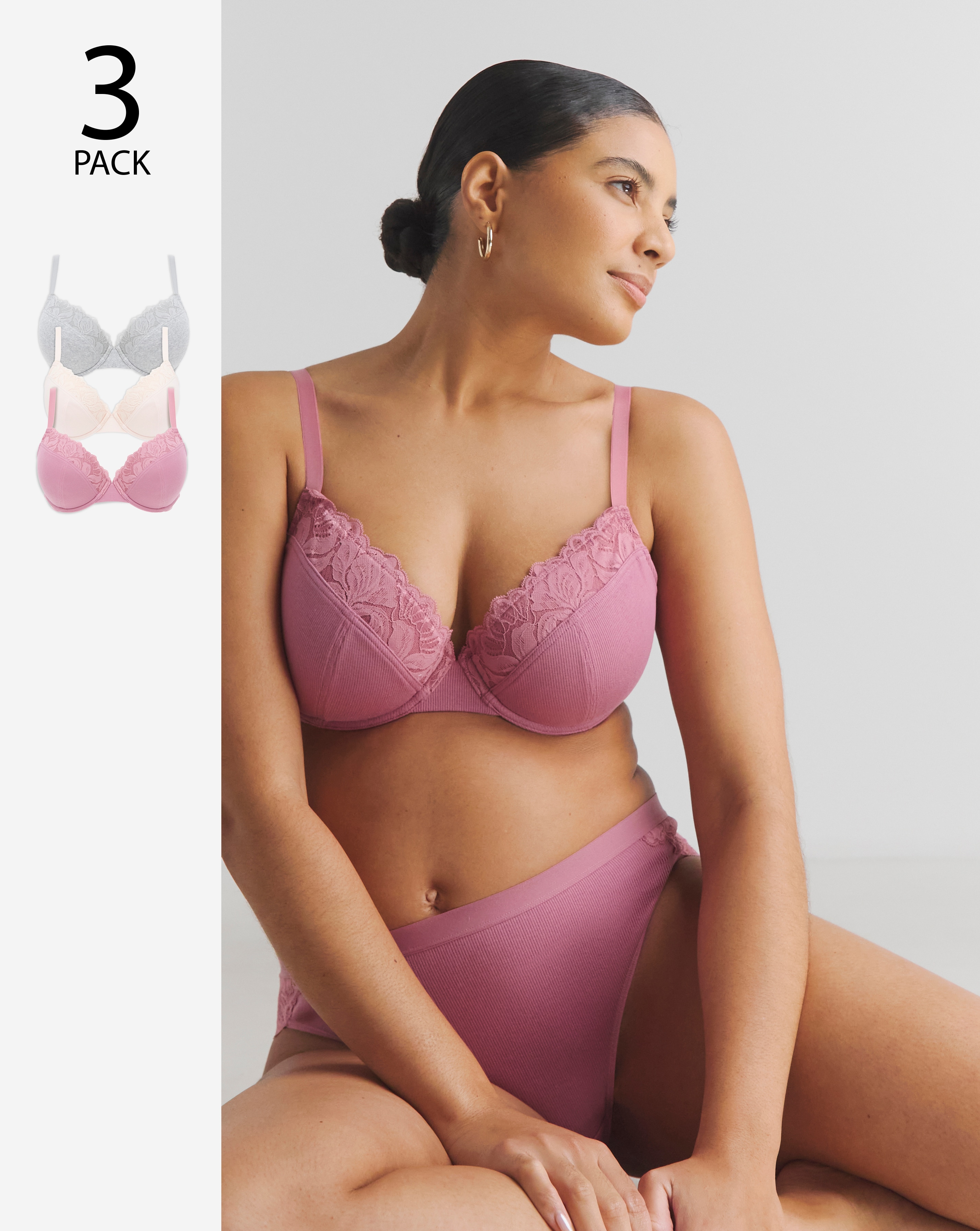 3 Pack Lace Plunge T-Shirt Bras