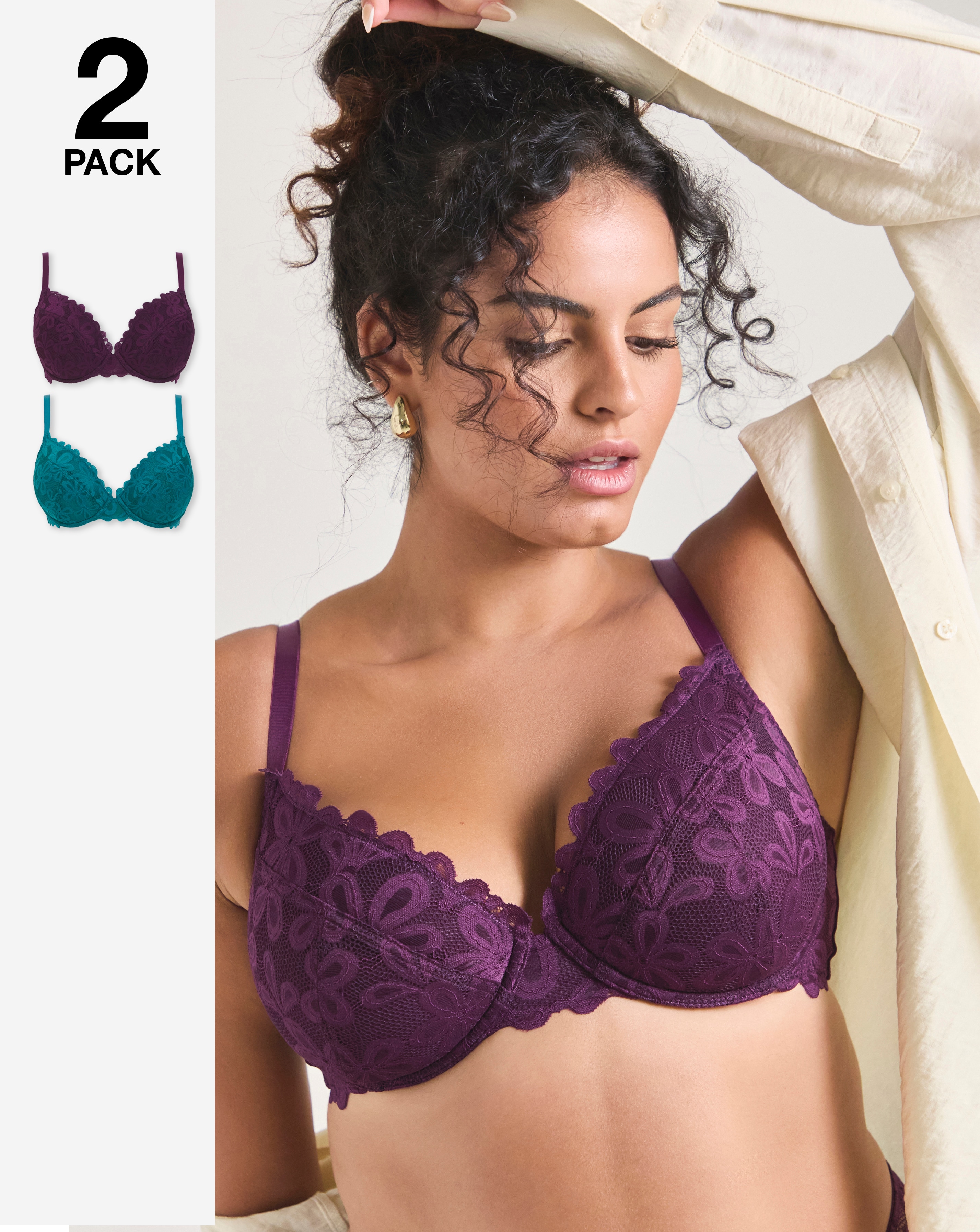 2 Pack Daisy Lace Plunge Wired Bras