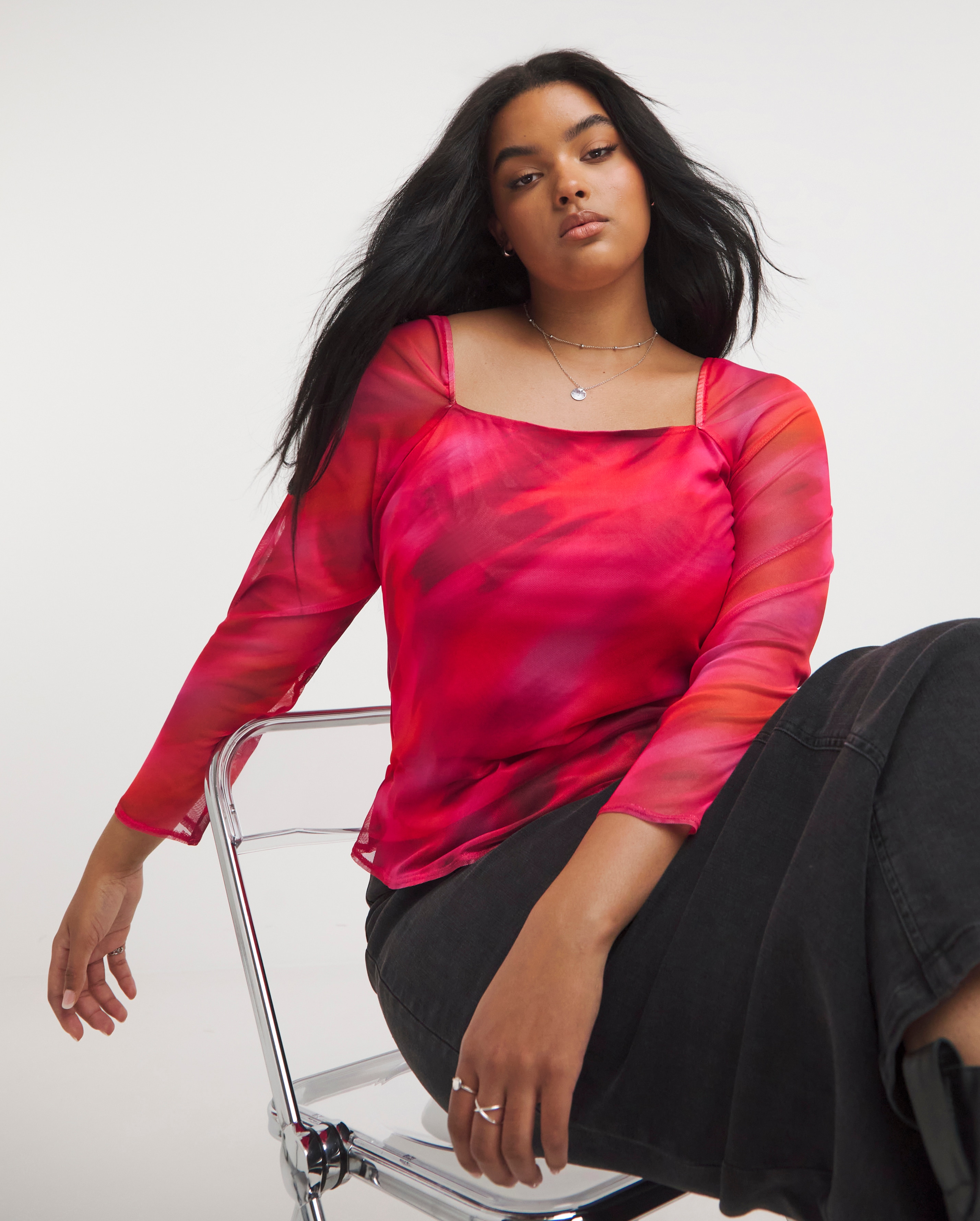 Multi Print Square Neck Mesh Top