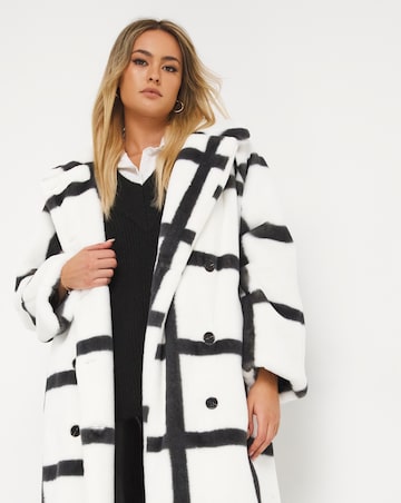Check Longline Faux Fur Coat