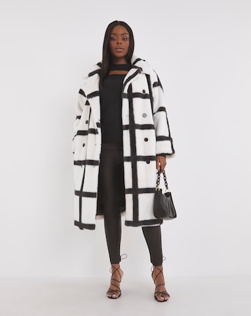 Check Longline Faux Fur Coat