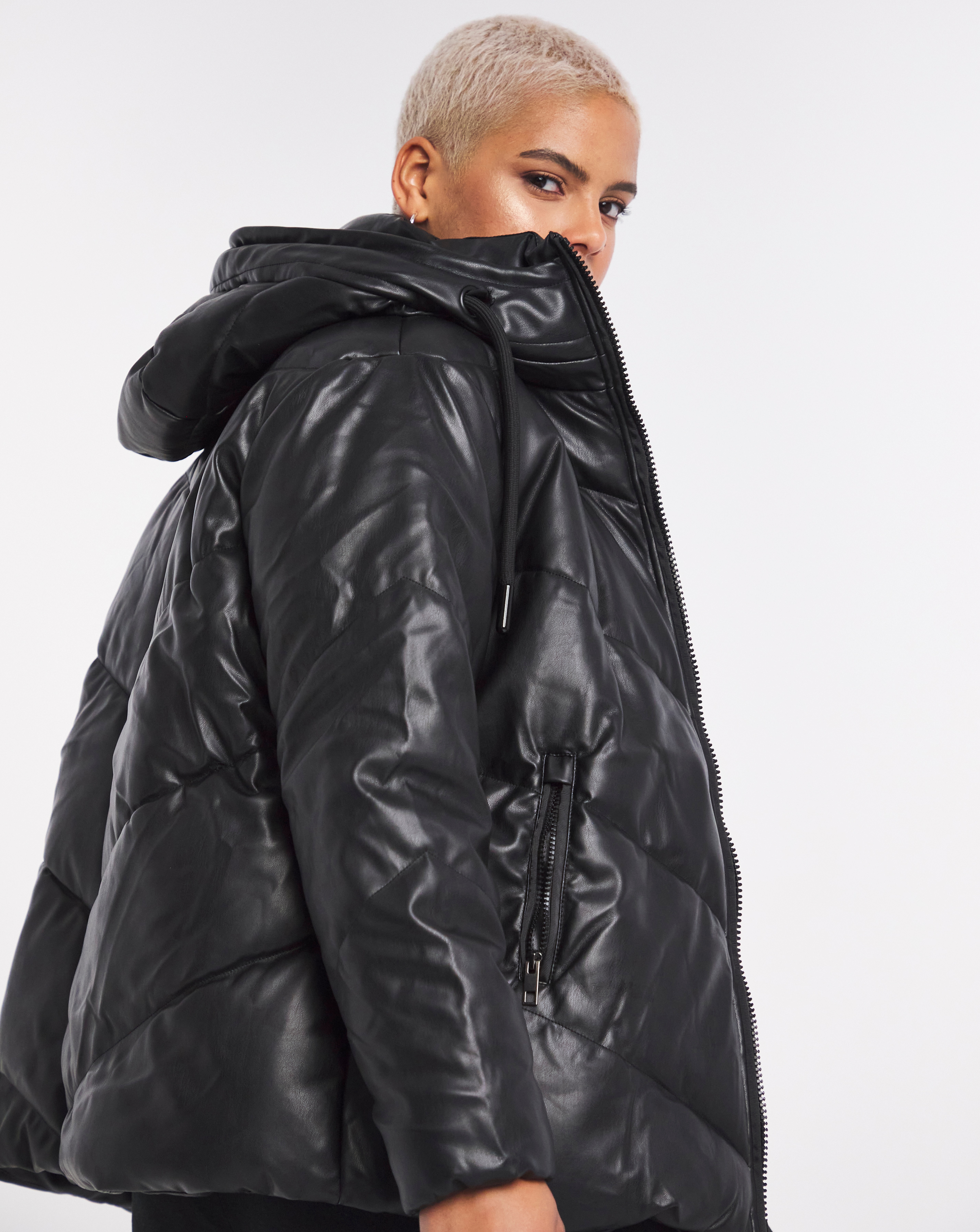 Black Leather Look Puffer Coat | Simply Be