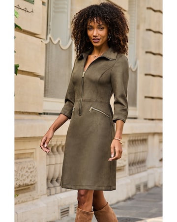 Sosandar Zip Though Luxe Faux Suede Dress