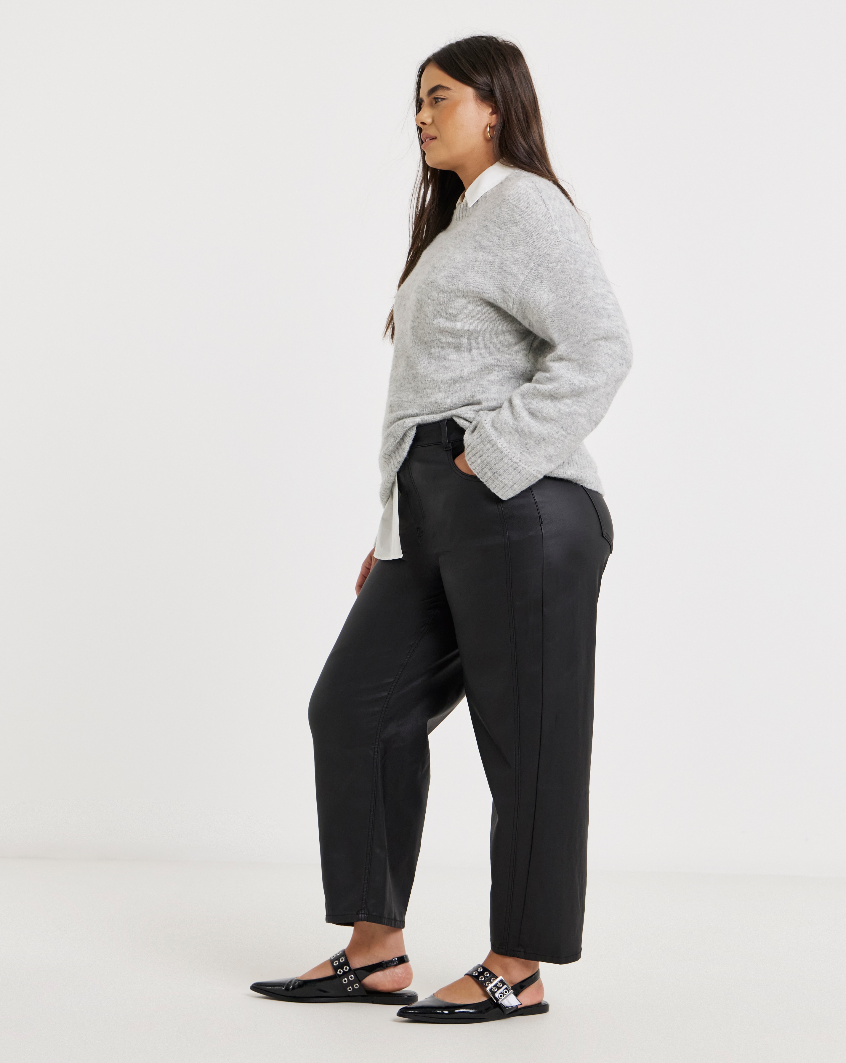 New In - Black Coated Barrel Leg Jeans