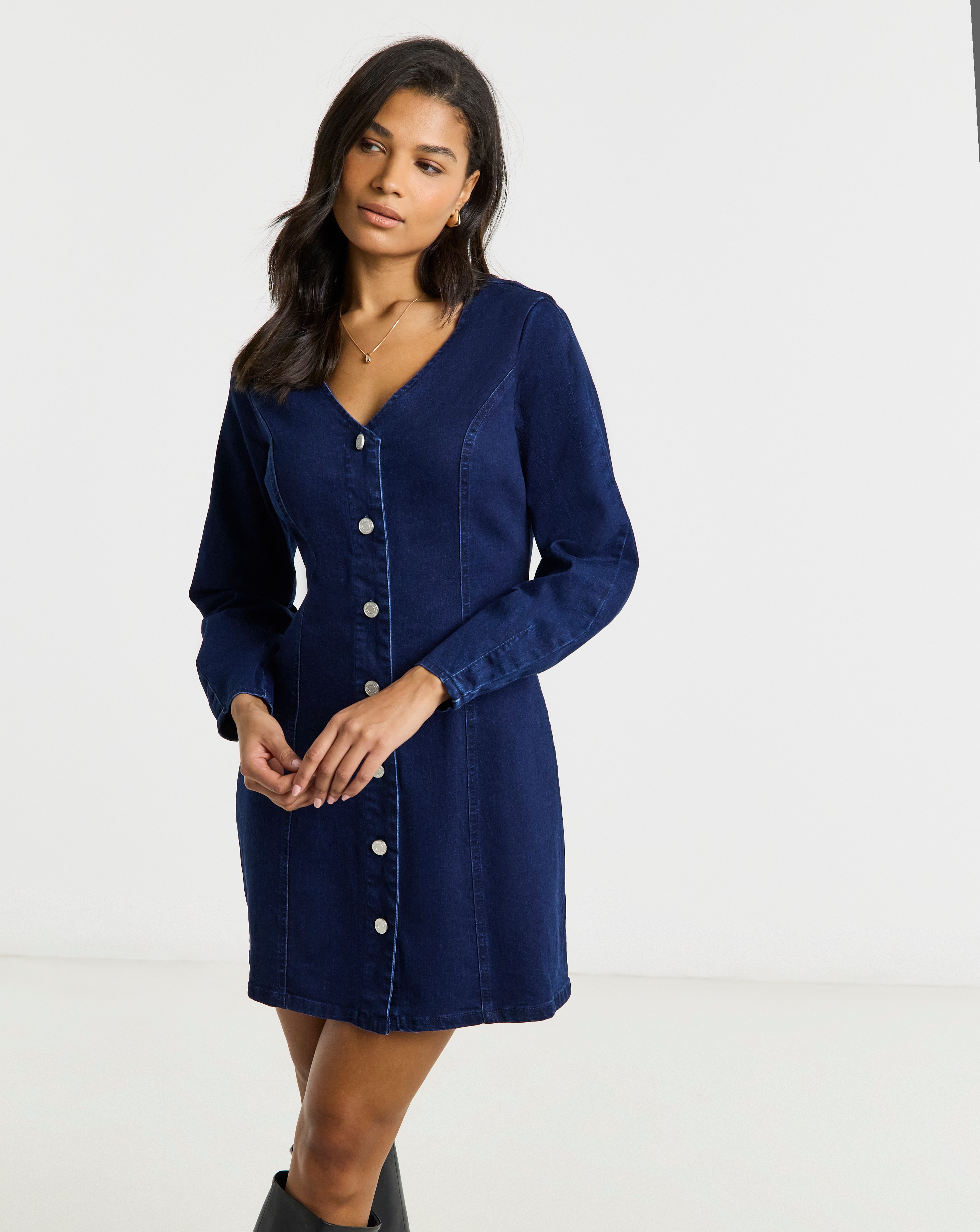 New In - Dark Wash V Neck Mini Denim Dress