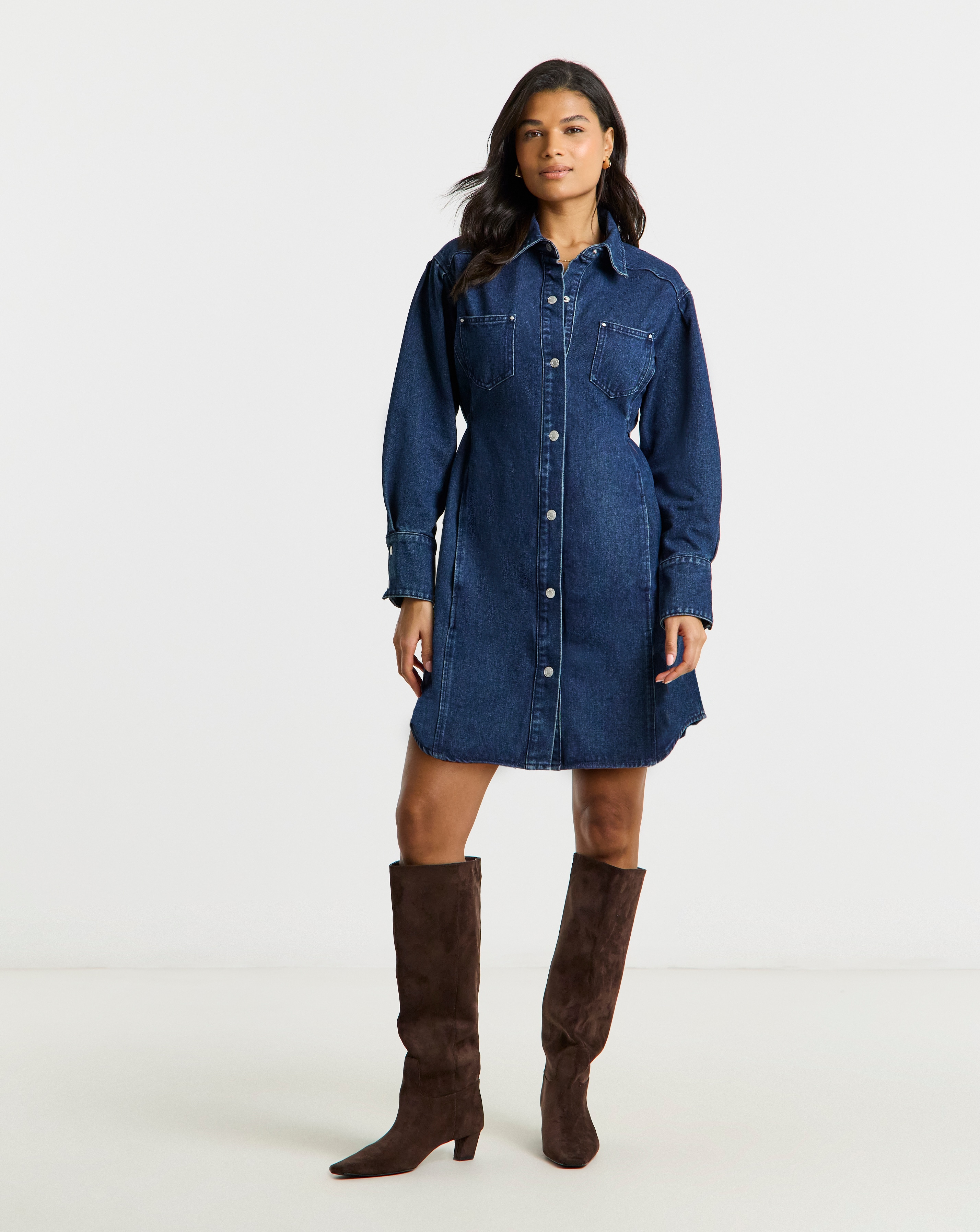 New In - Dark Wash Belted Oversized Shirt Dress