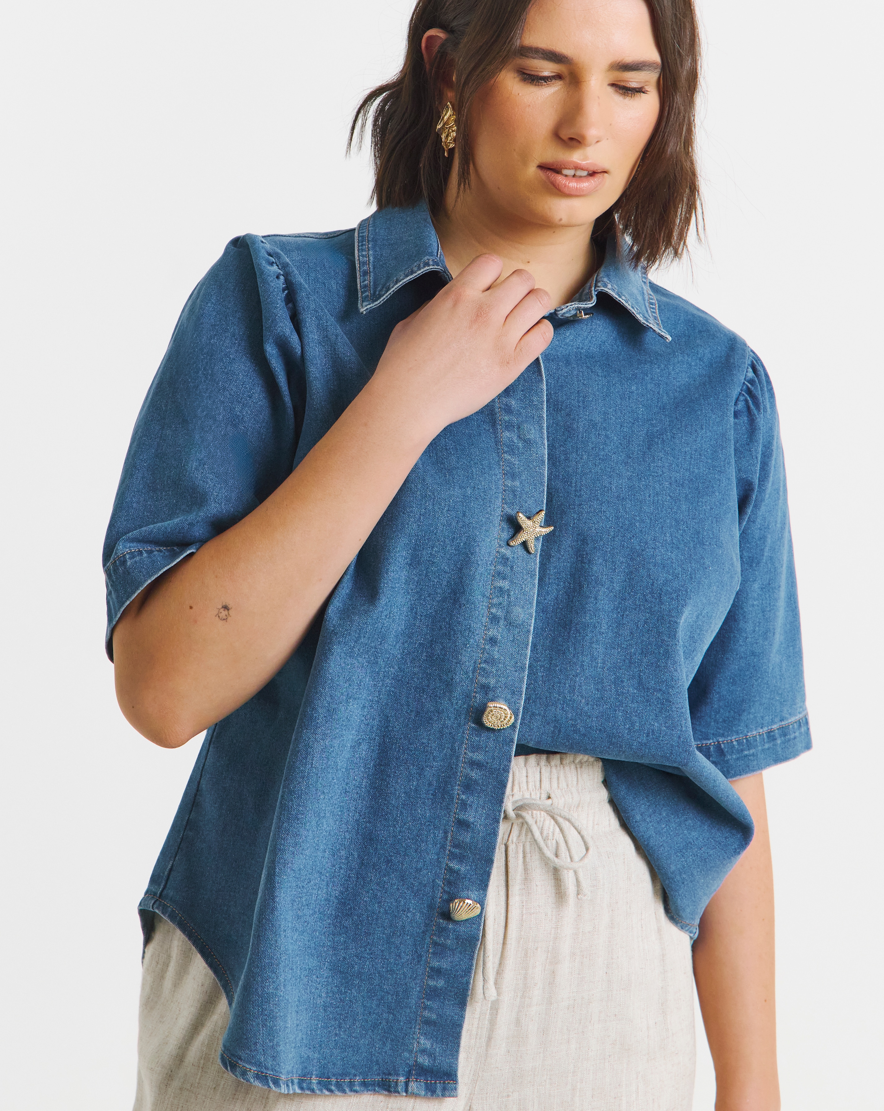 New In - Mid Wash Statement Button Denim Blouse