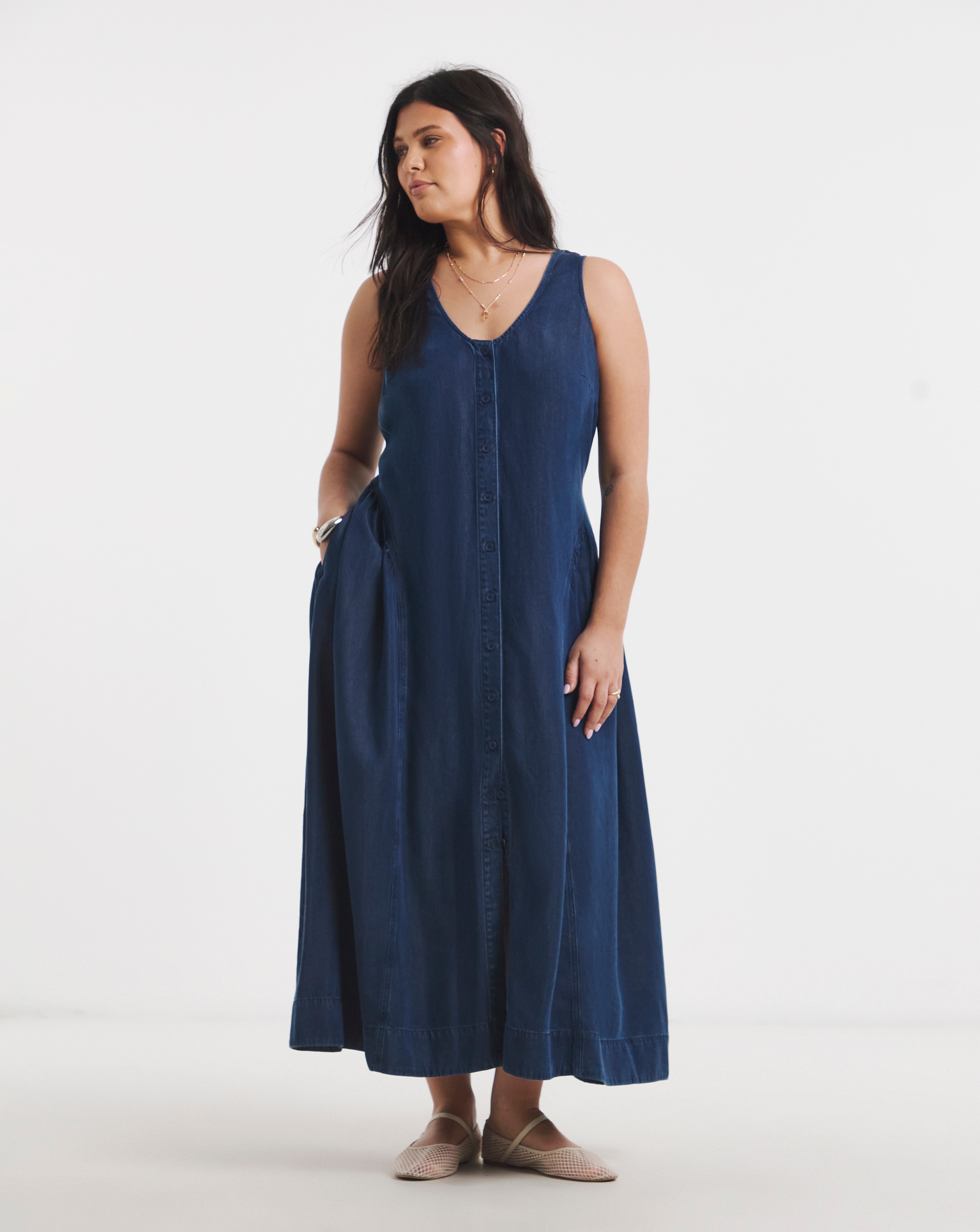 Indigo Lyocell Denim Button Midi Dress